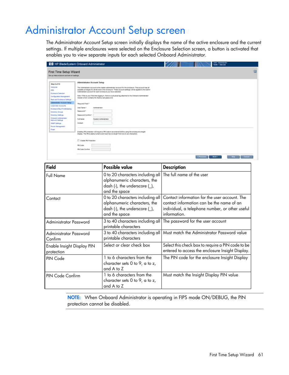 Administrator account setup screen | HP Onboard Administrator User Manual | Page 61 / 347