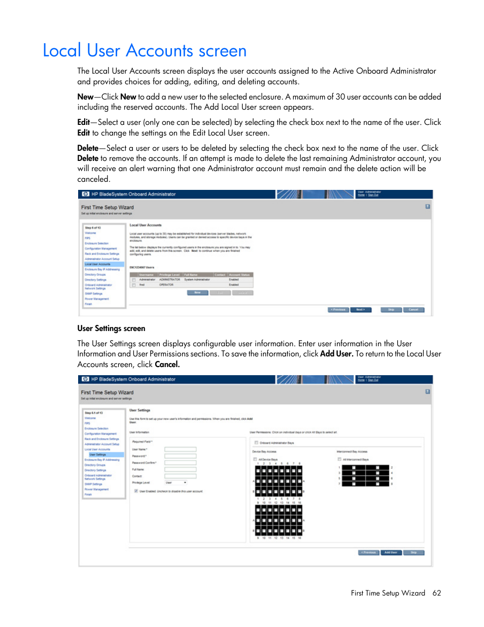 Local user accounts screen | HP Onboard Administrator User Manual | Page 62 / 347