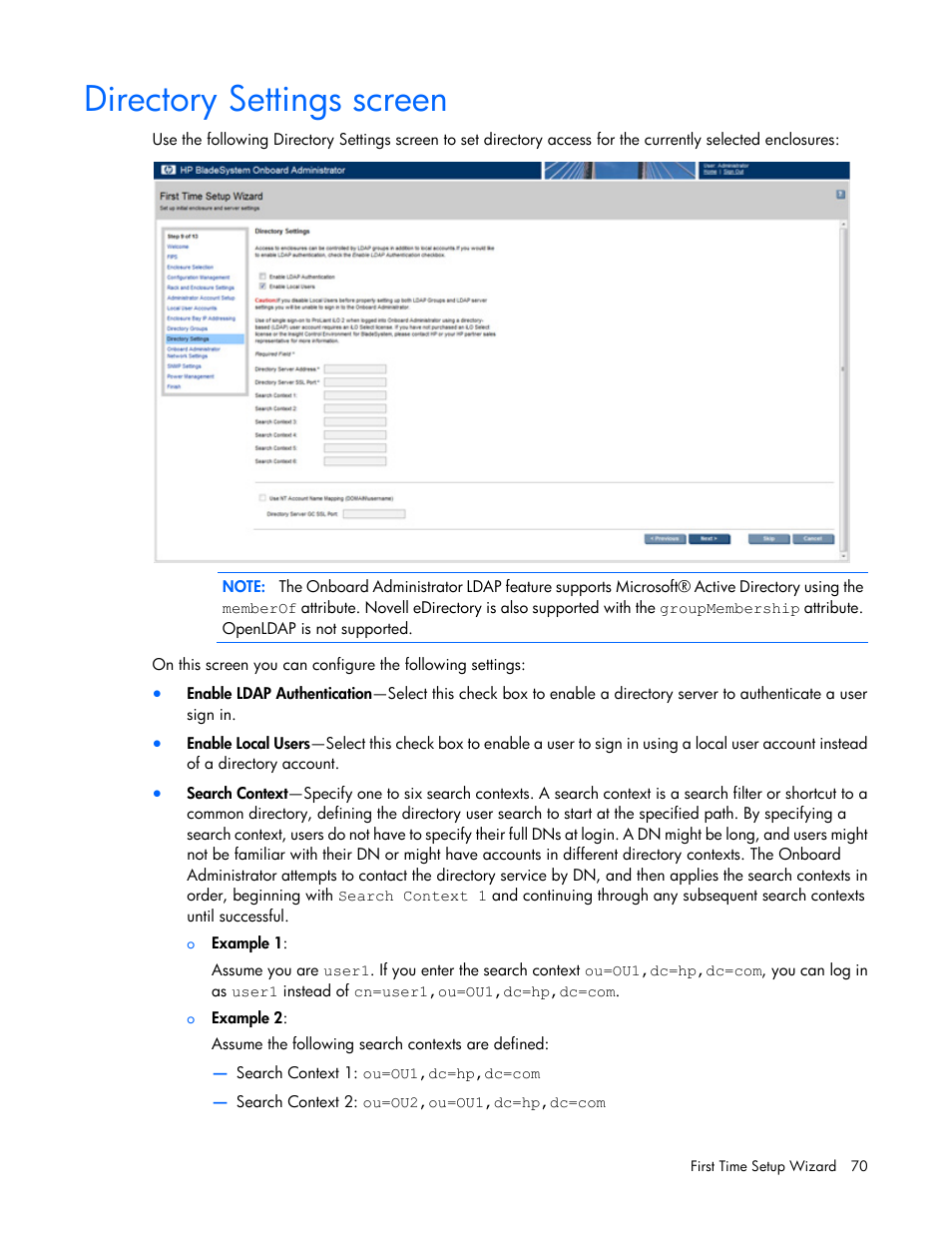 Directory settings screen | HP Onboard Administrator User Manual | Page 70 / 347