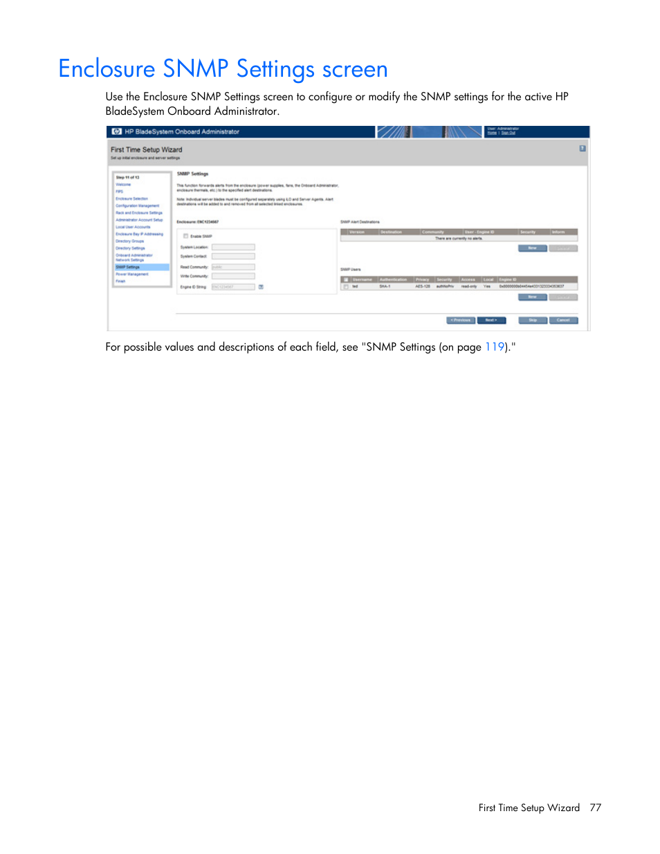 Enclosure snmp settings screen | HP Onboard Administrator User Manual | Page 77 / 347