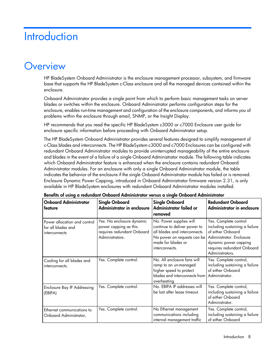 Introduction, Overview | HP Onboard Administrator User Manual | Page 8 / 347