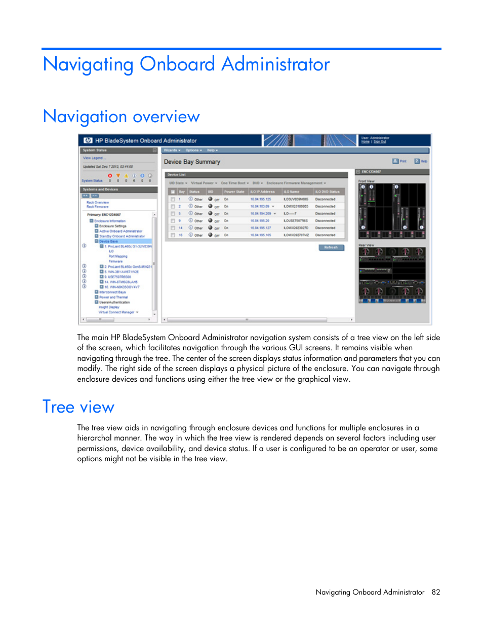 Navigating onboard administrator, Navigation overview, Tree view | HP Onboard Administrator User Manual | Page 82 / 347