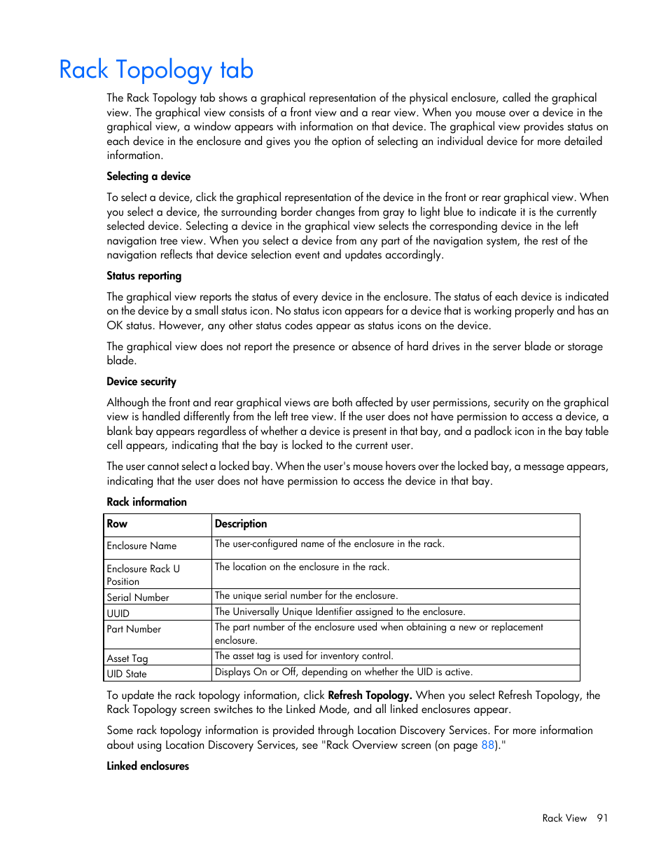 Rack topology tab | HP Onboard Administrator User Manual | Page 91 / 347