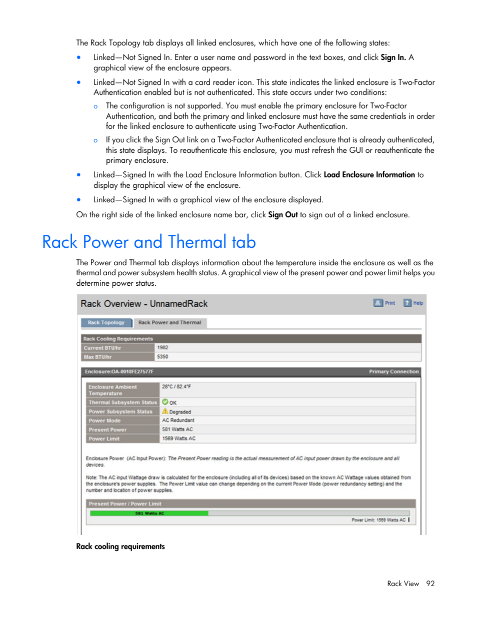 Rack power and thermal tab | HP Onboard Administrator User Manual | Page 92 / 347