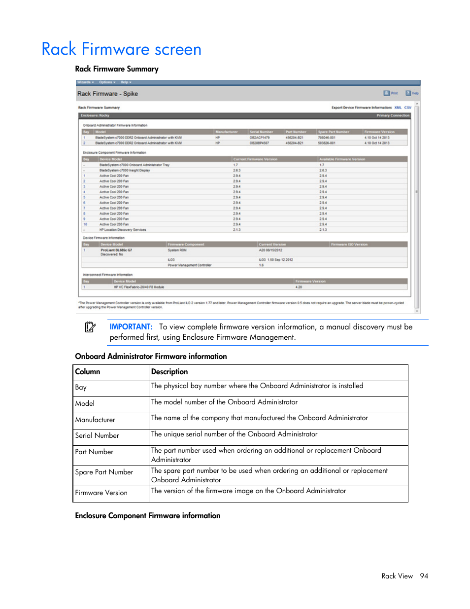 Rack firmware screen | HP Onboard Administrator User Manual | Page 94 / 347