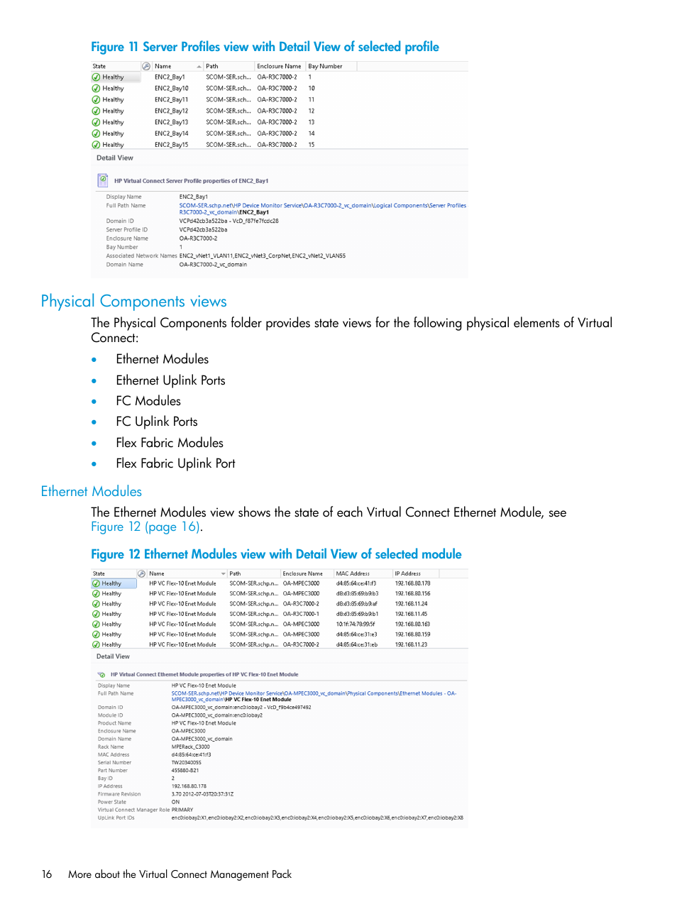 Physical components views, Ethernet modules | HP OneView for Microsoft System Center User Manual | Page 16 / 41