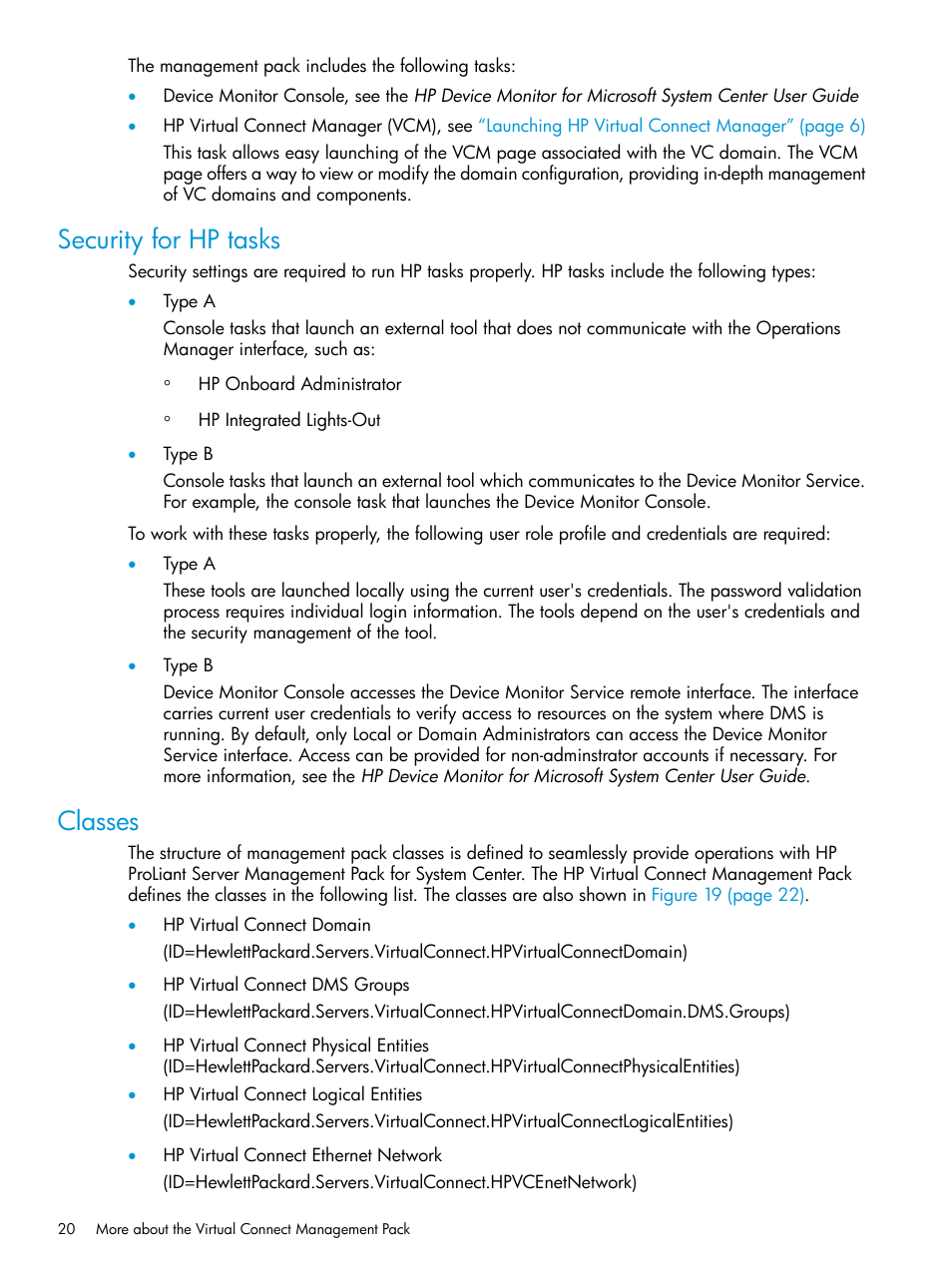 Security for hp tasks, Classes, Security for hp tasks classes | HP OneView for Microsoft System Center User Manual | Page 20 / 41