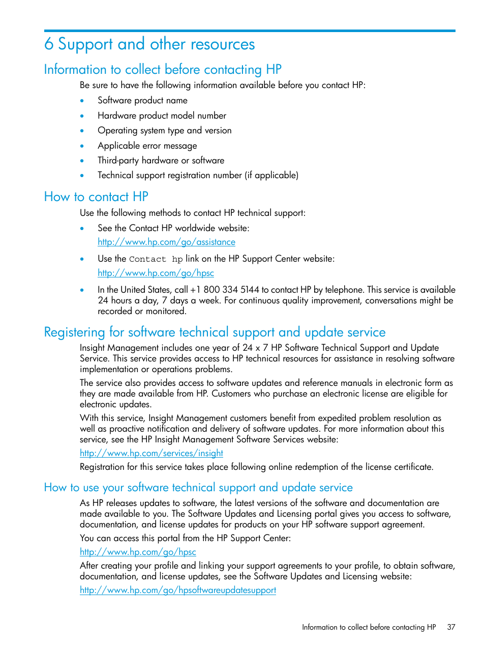 6 support and other resources, Information to collect before contacting hp, How to contact hp | HP OneView for Microsoft System Center User Manual | Page 37 / 41