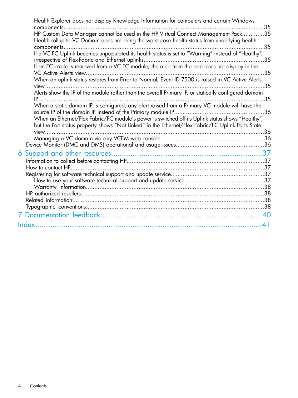 6 support and other resources, 7 documentation feedback index | HP OneView for Microsoft System Center User Manual | Page 4 / 41