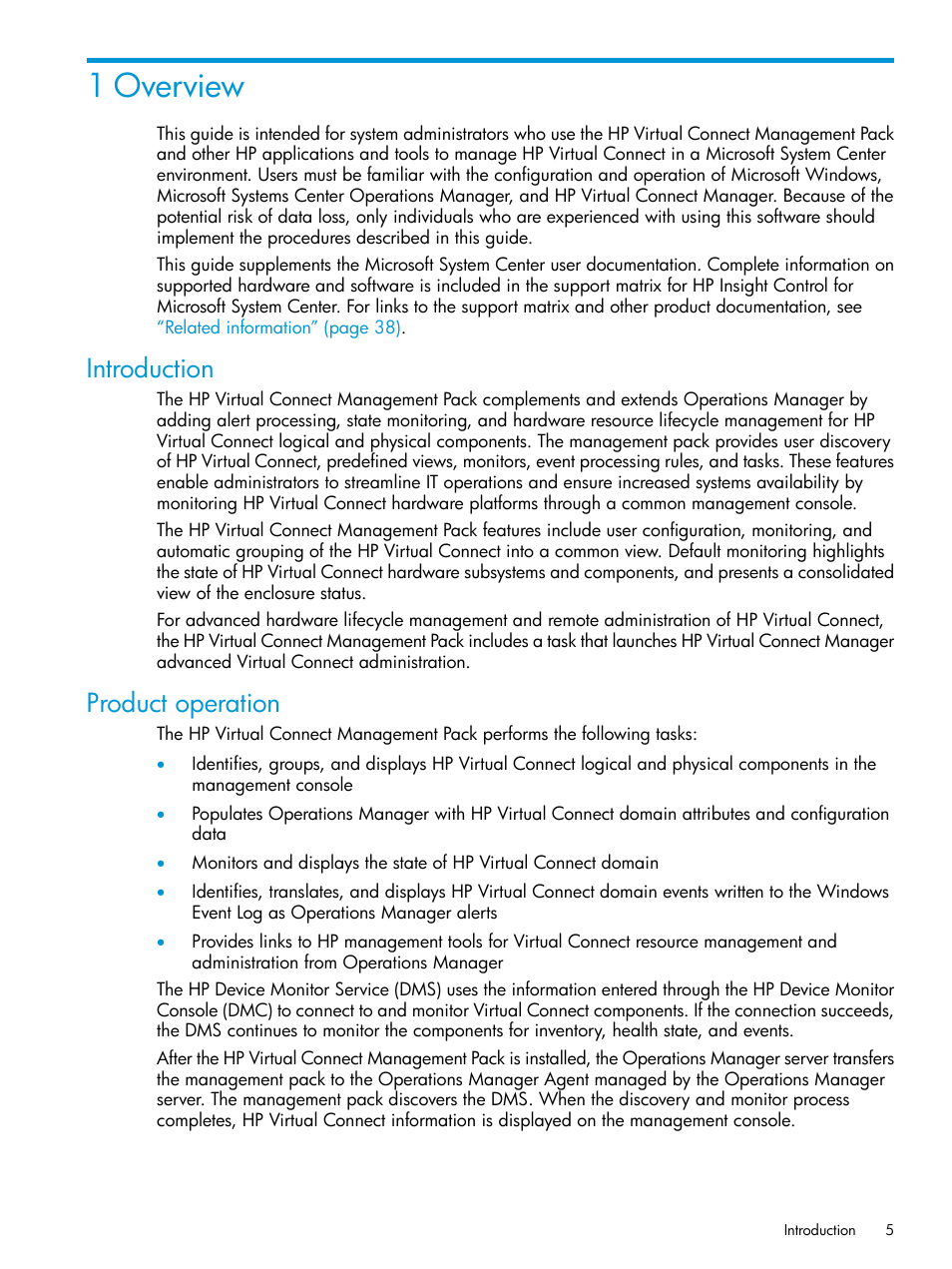 1 overview, Introduction, Product operation | Introduction product operation | HP OneView for Microsoft System Center User Manual | Page 5 / 41