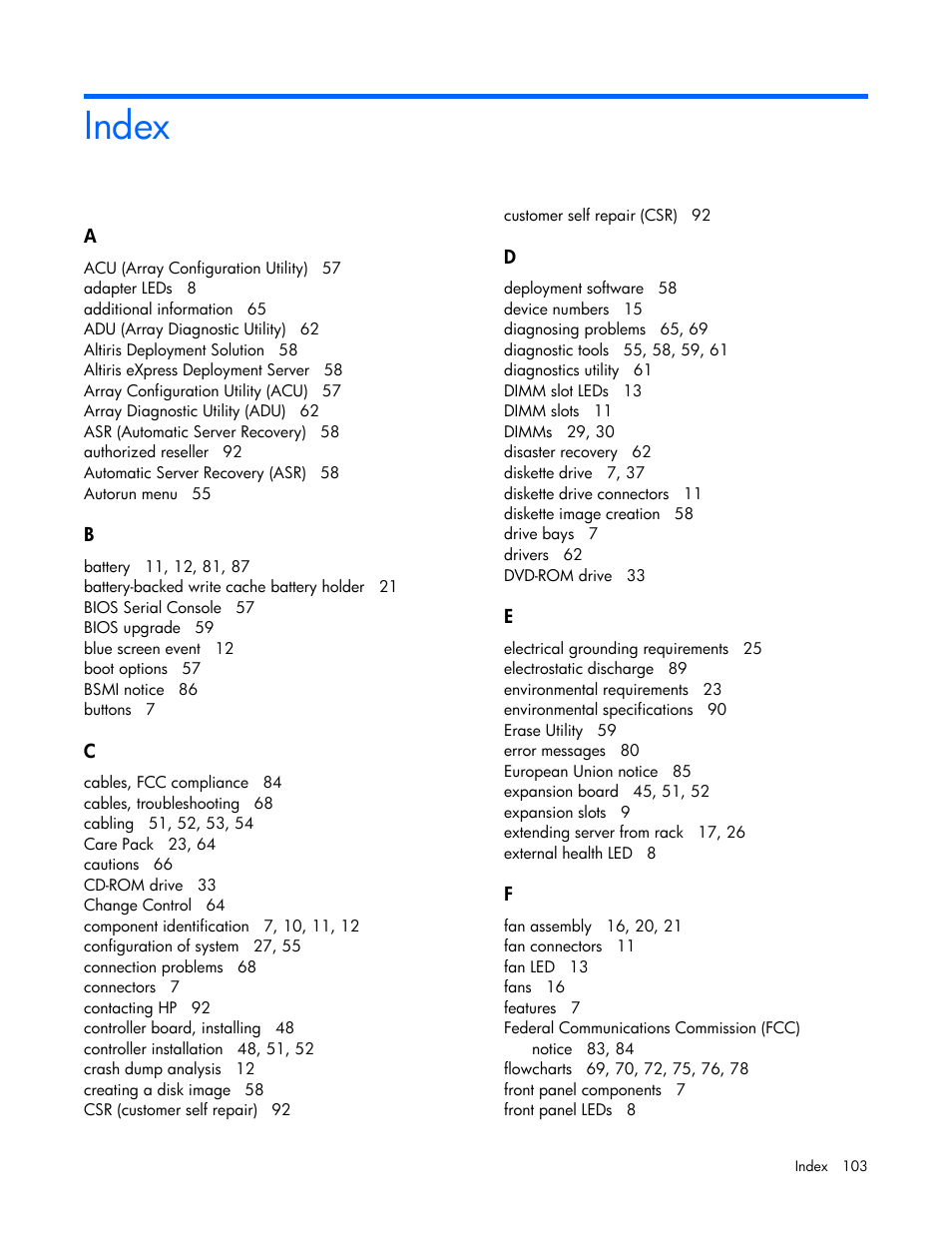 Index | HP ProLiant DL320 G5 Server User Manual | Page 103 / 105