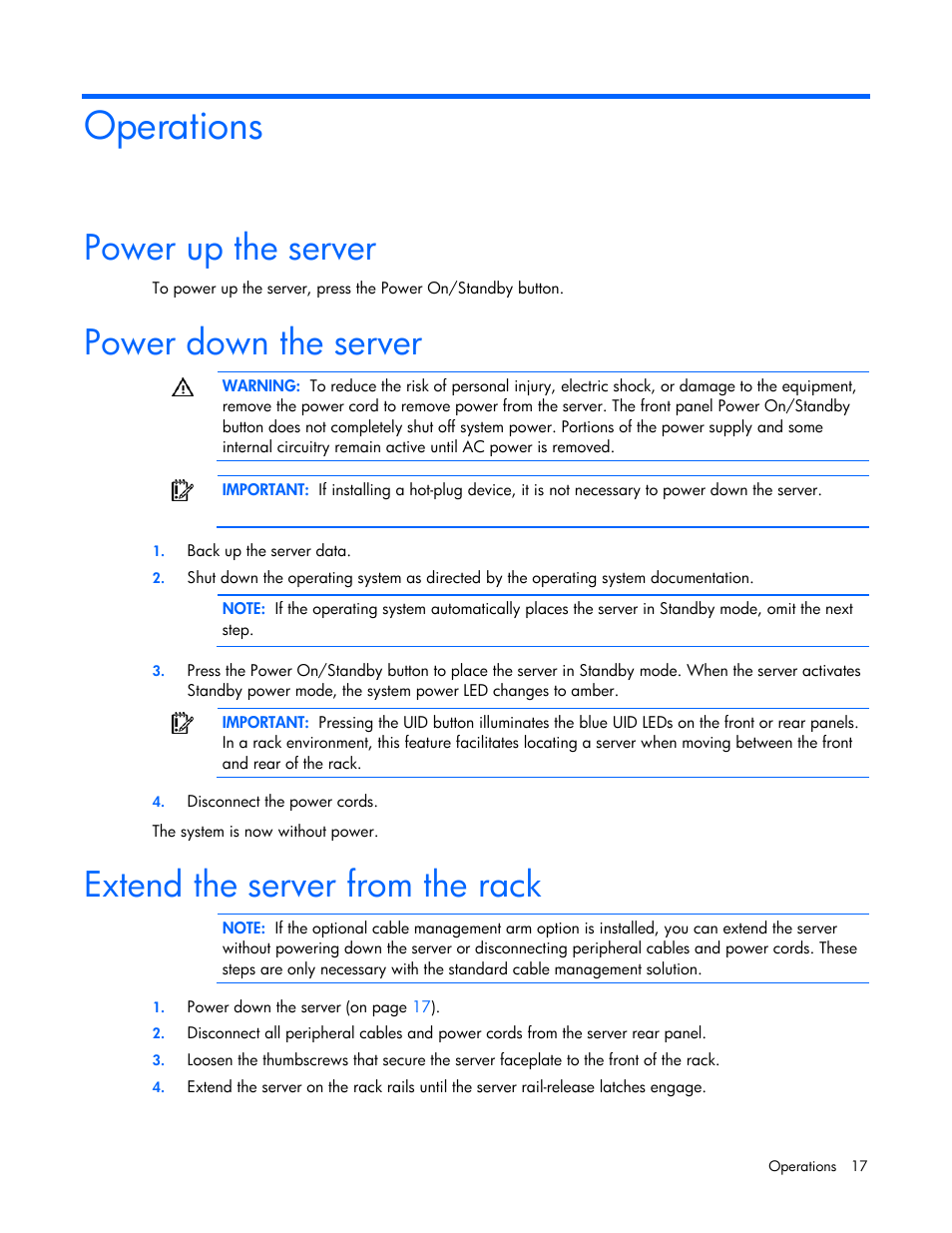 Operations, Power up the server, Power down the server | Extend the server from the rack | HP ProLiant DL320 G5 Server User Manual | Page 17 / 105