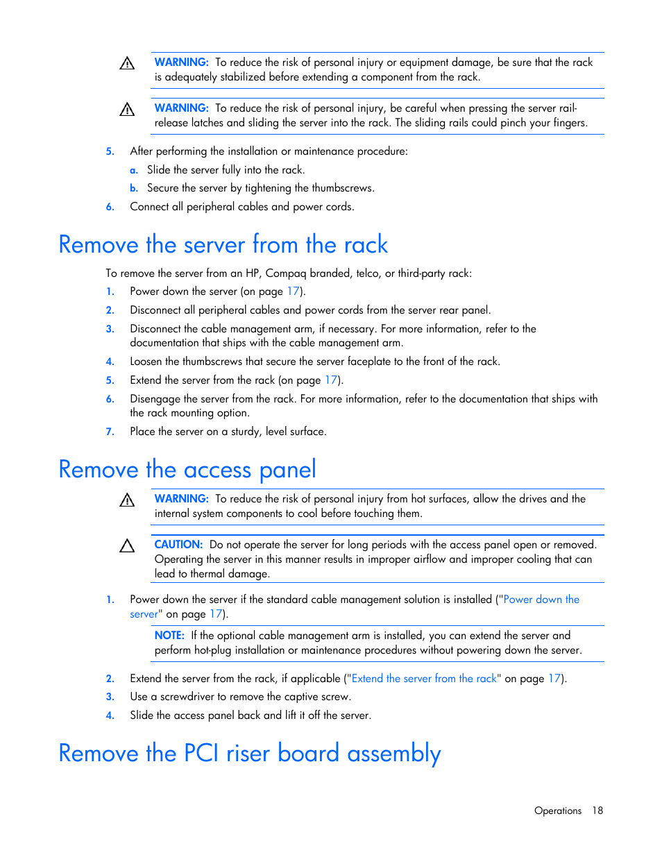Remove the server from the rack, Remove the access panel, Remove the pci riser board assembly | HP ProLiant DL320 G5 Server User Manual | Page 18 / 105