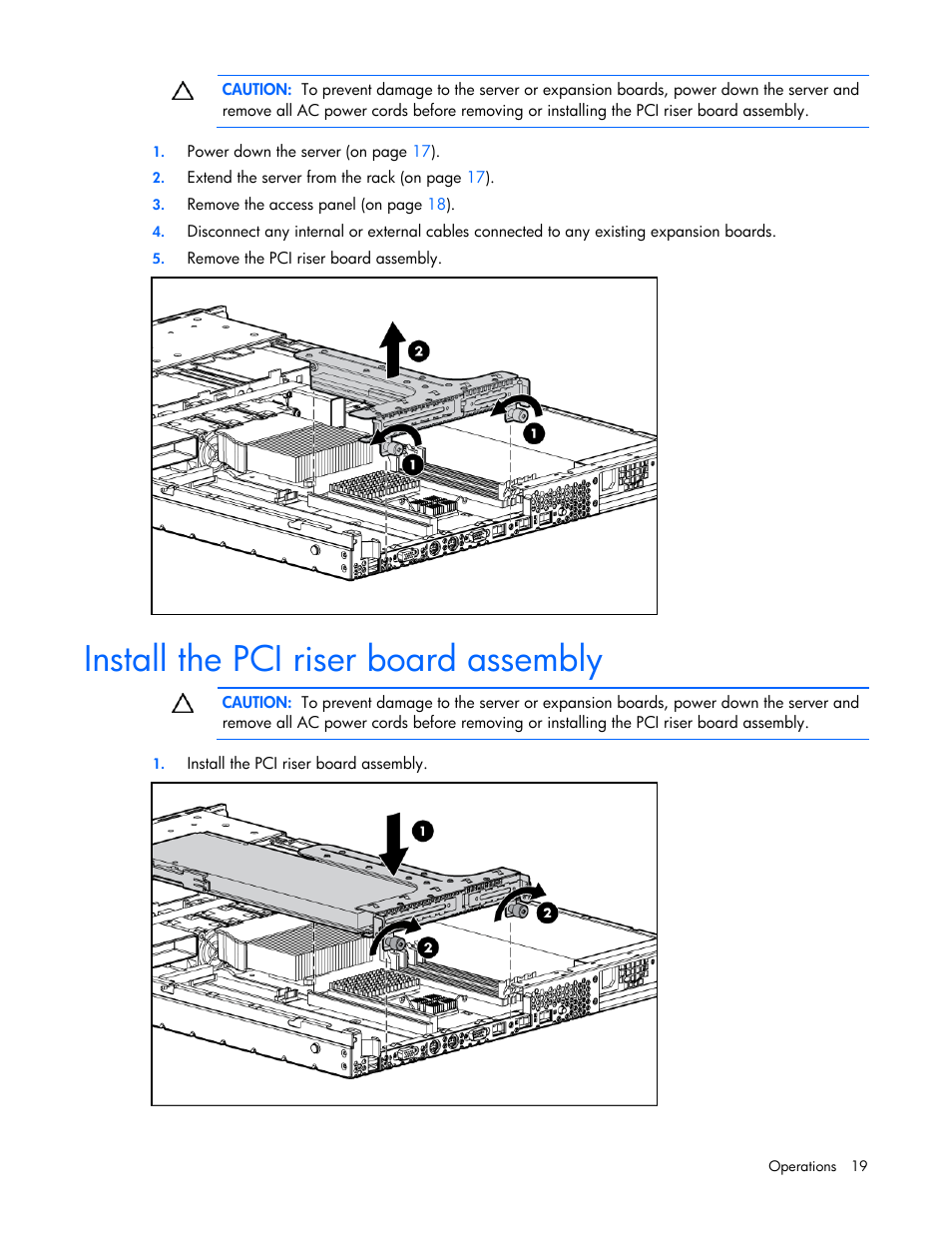 Install the pci riser board assembly | HP ProLiant DL320 G5 Server User Manual | Page 19 / 105