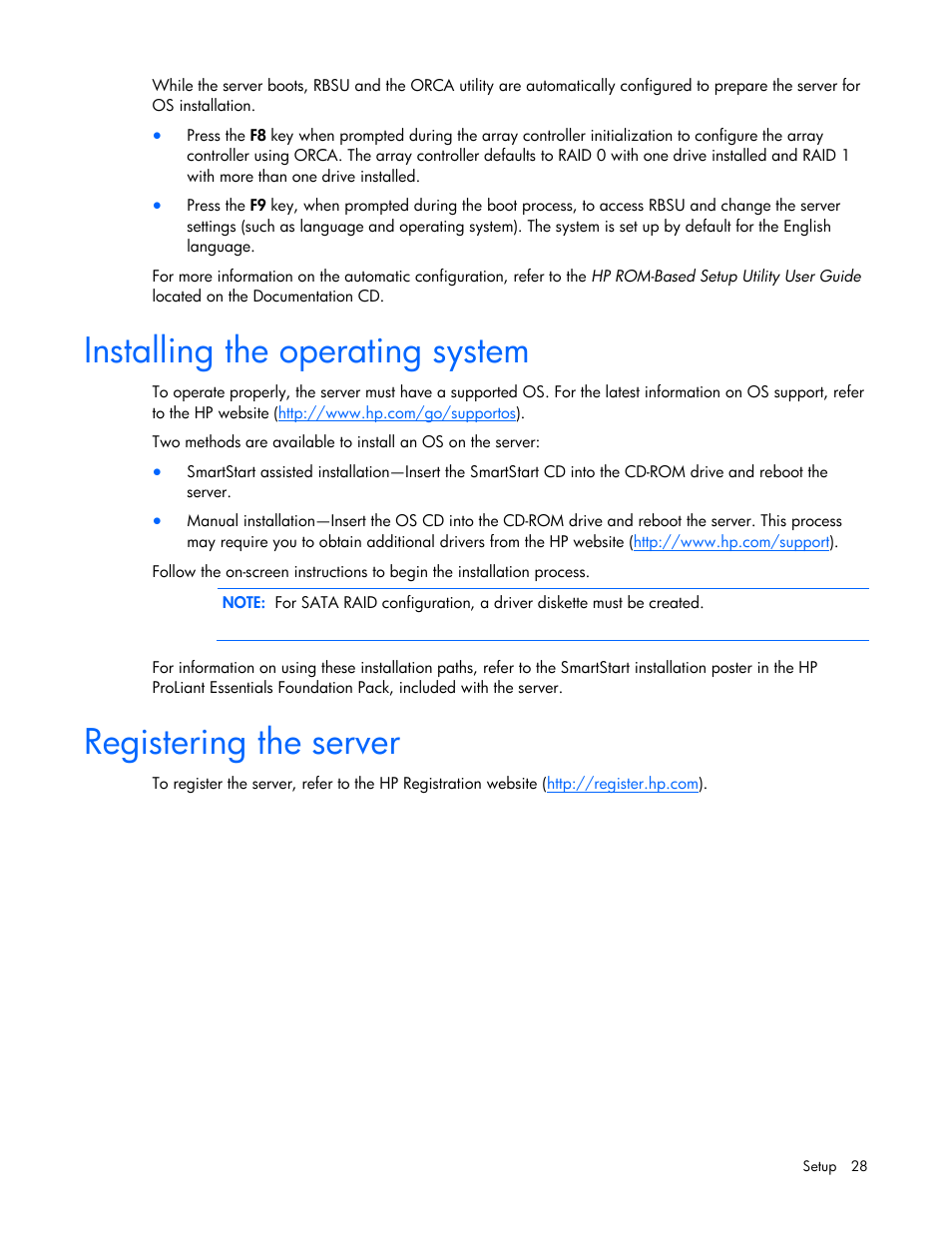 Installing the operating system, Registering the server | HP ProLiant DL320 G5 Server User Manual | Page 28 / 105