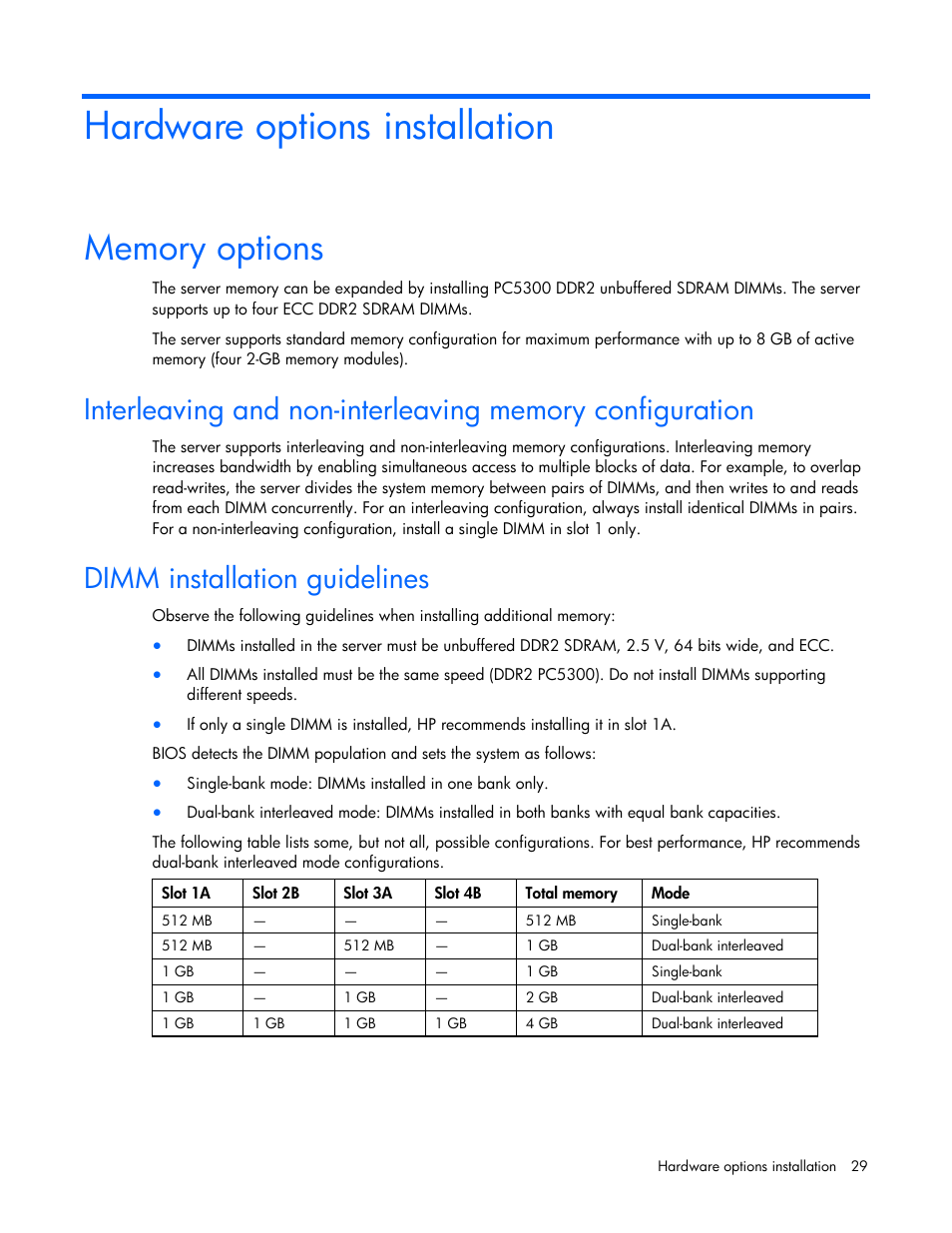 Hardware options installation, Memory options, Dimm installation guidelines | HP ProLiant DL320 G5 Server User Manual | Page 29 / 105