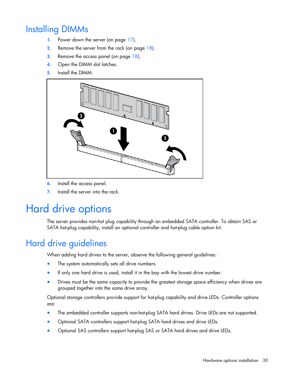Installing dimms, Hard drive options, Hard drive guidelines | HP ProLiant DL320 G5 Server User Manual | Page 30 / 105