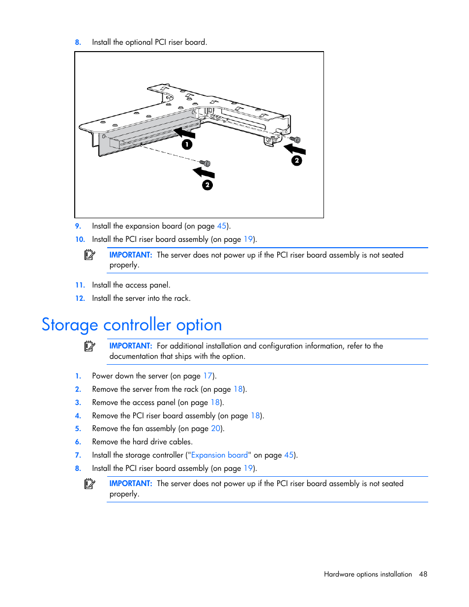 Storage controller option | HP ProLiant DL320 G5 Server User Manual | Page 48 / 105