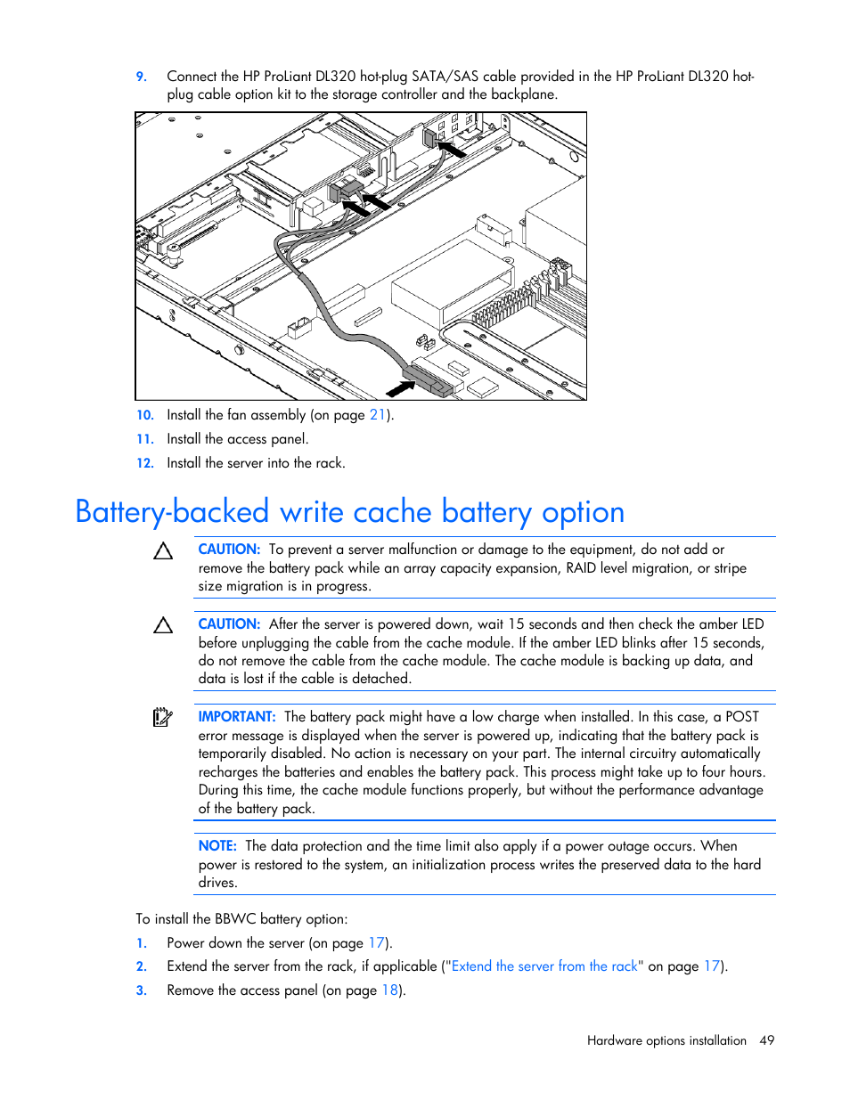 Battery-backed write cache battery option | HP ProLiant DL320 G5 Server User Manual | Page 49 / 105