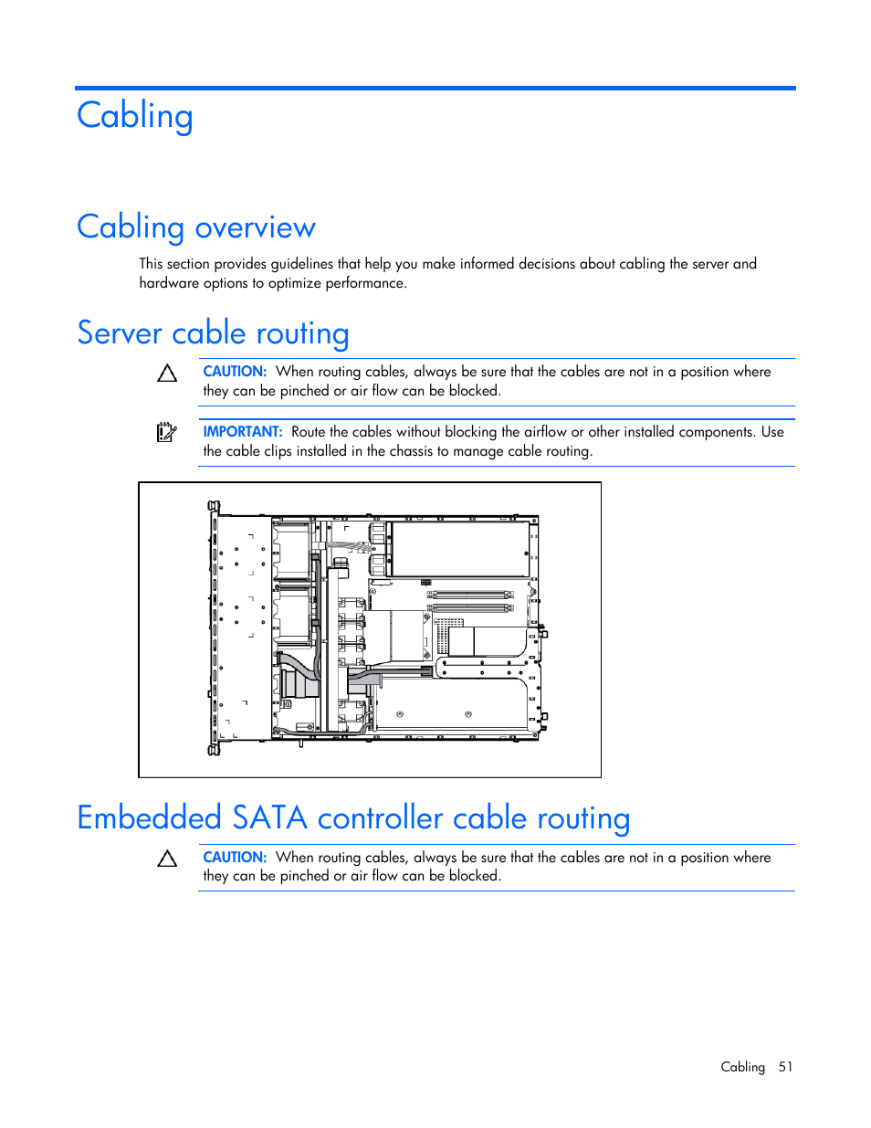 Cabling, Cabling overview, Server cable routing | Embedded sata controller cable routing | HP ProLiant DL320 G5 Server User Manual | Page 51 / 105