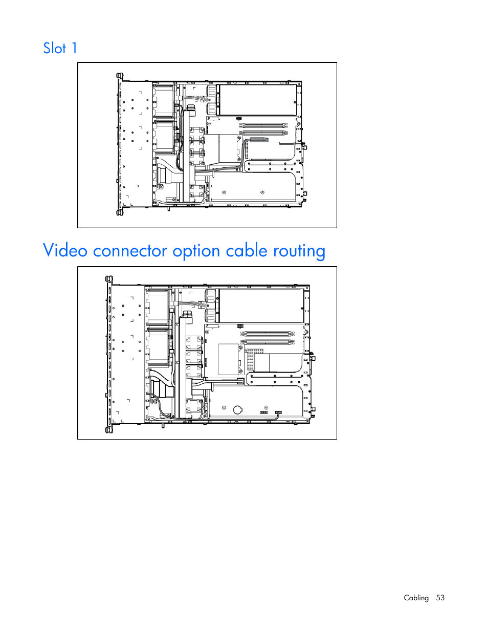 Slot 1, Video connector option cable routing | HP ProLiant DL320 G5 Server User Manual | Page 53 / 105