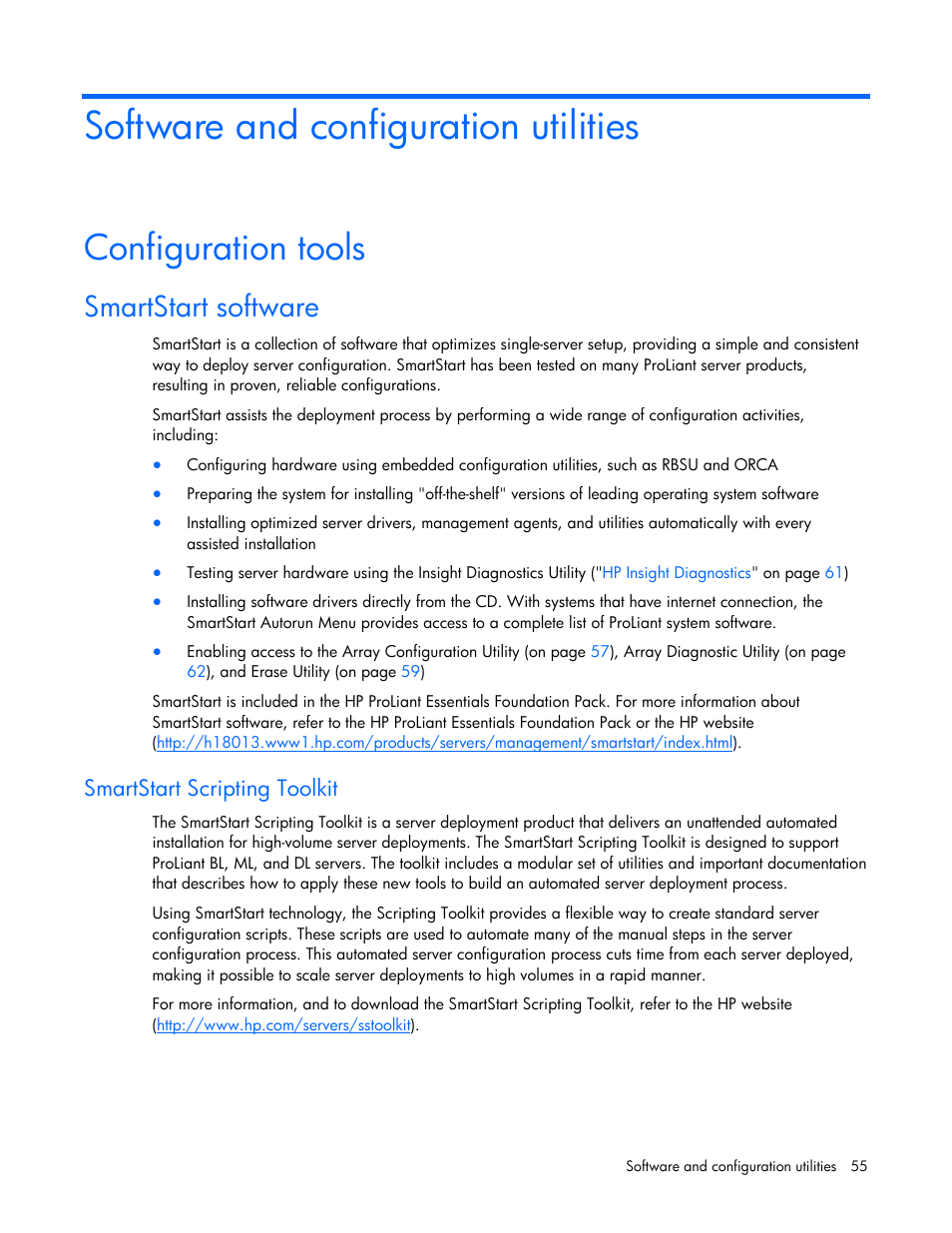Software and configuration utilities, Configuration tools, Smartstart software | Smartstart scripting toolkit | HP ProLiant DL320 G5 Server User Manual | Page 55 / 105