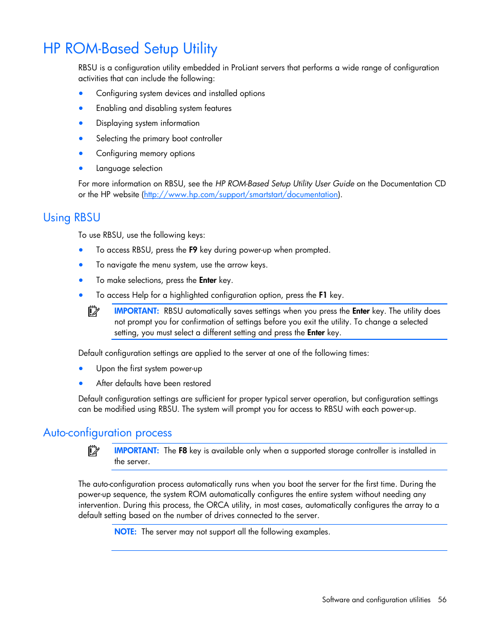 Hp rom-based setup utility, Using rbsu, Auto-configuration process | HP ProLiant DL320 G5 Server User Manual | Page 56 / 105