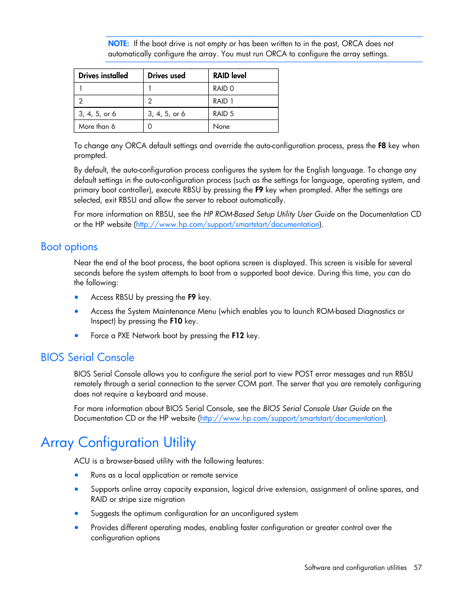 Boot options, Bios serial console, Array configuration utility | HP ProLiant DL320 G5 Server User Manual | Page 57 / 105