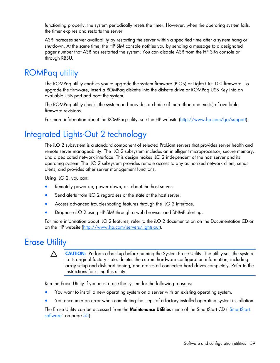 Rompaq utility, Integrated lights-out 2 technology, Erase utility | HP ProLiant DL320 G5 Server User Manual | Page 59 / 105