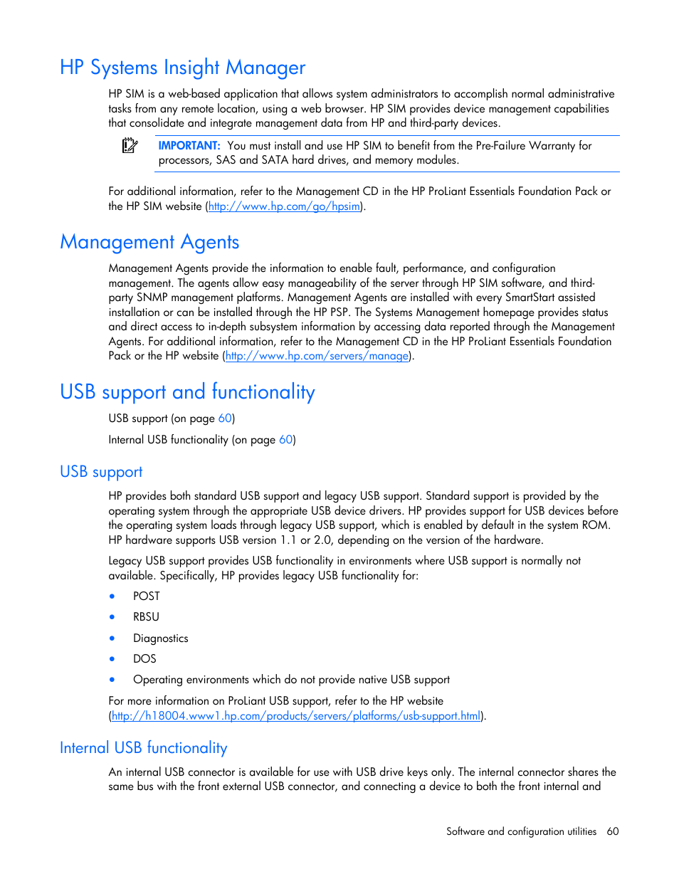 Hp systems insight manager, Management agents, Usb support and functionality | Usb support, Internal usb functionality | HP ProLiant DL320 G5 Server User Manual | Page 60 / 105