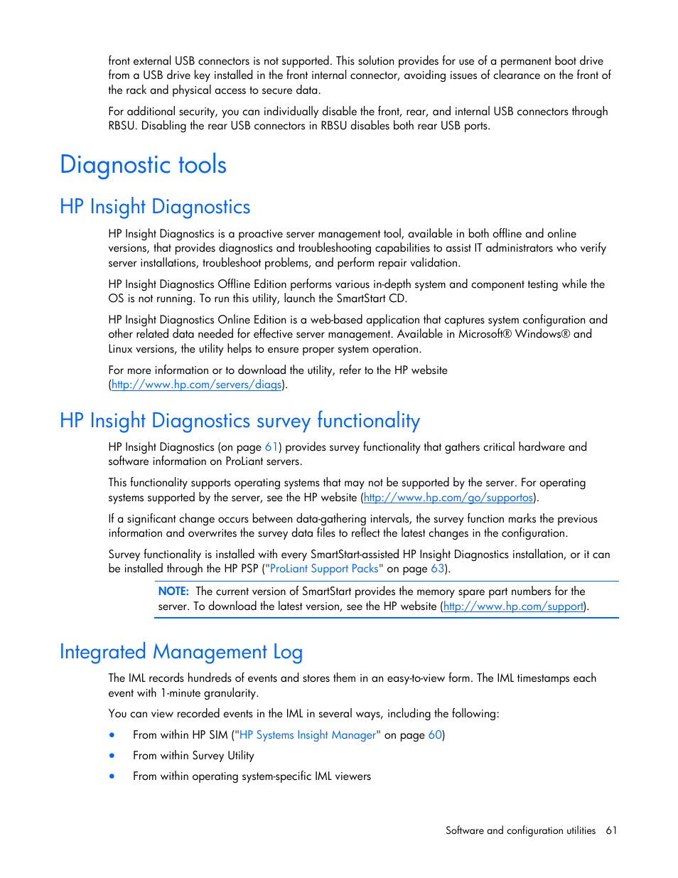 Diagnostic tools, Hp insight diagnostics, Hp insight diagnostics survey functionality | Integrated management log, S utility | HP ProLiant DL320 G5 Server User Manual | Page 61 / 105