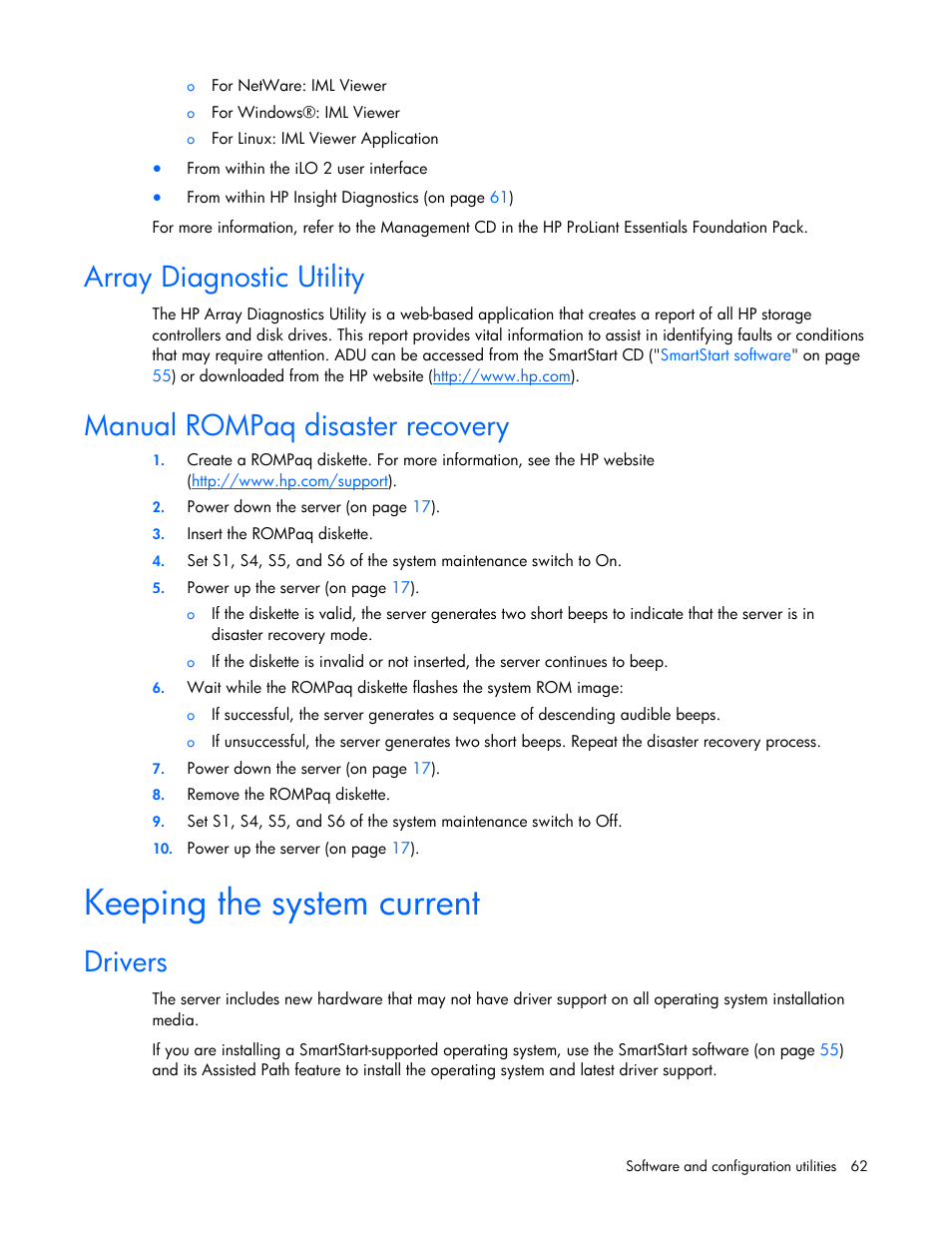 Array diagnostic utility, Manual rompaq disaster recovery, Keeping the system current | Drivers | HP ProLiant DL320 G5 Server User Manual | Page 62 / 105