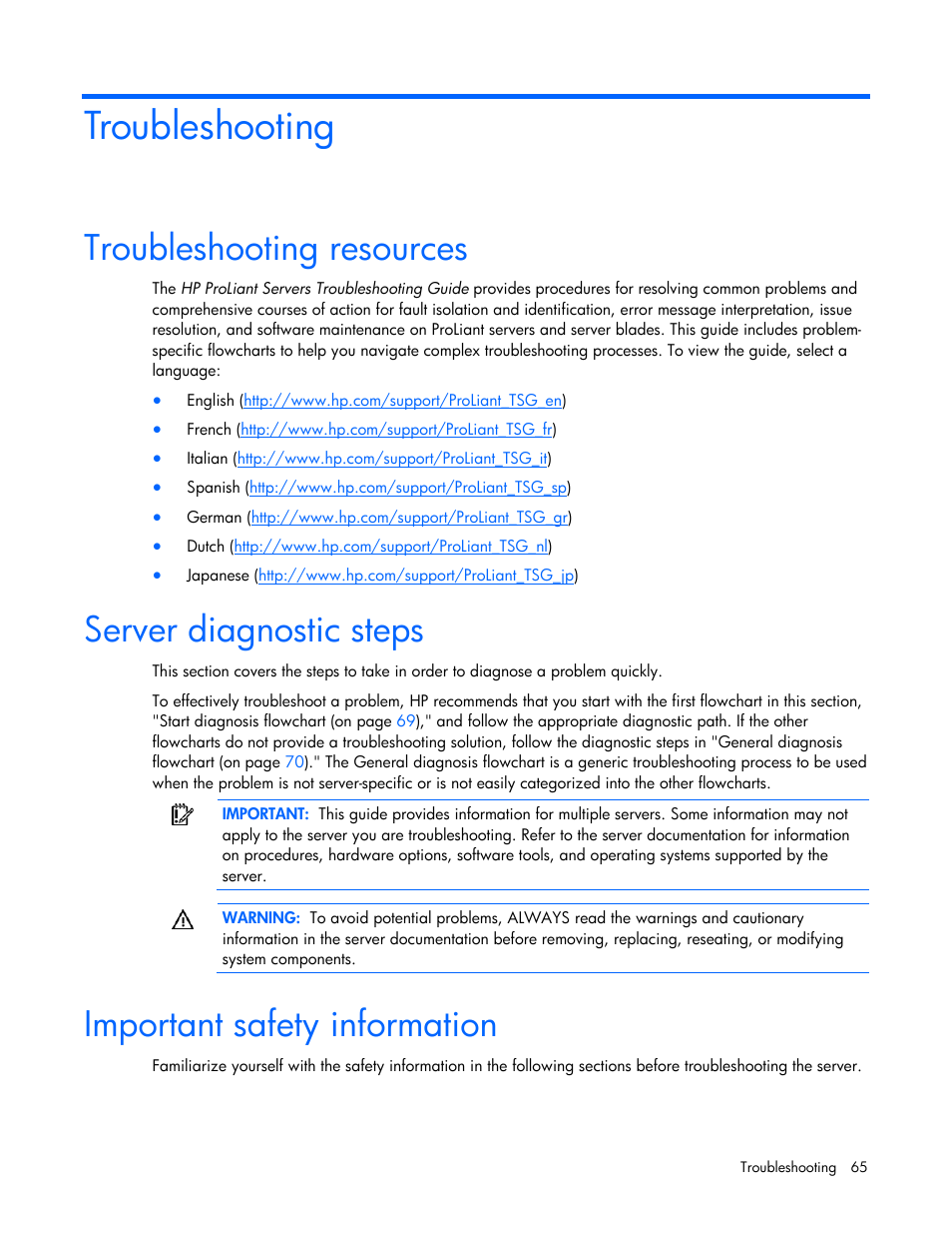 Troubleshooting, Troubleshooting resources, Server diagnostic steps | Important safety information | HP ProLiant DL320 G5 Server User Manual | Page 65 / 105