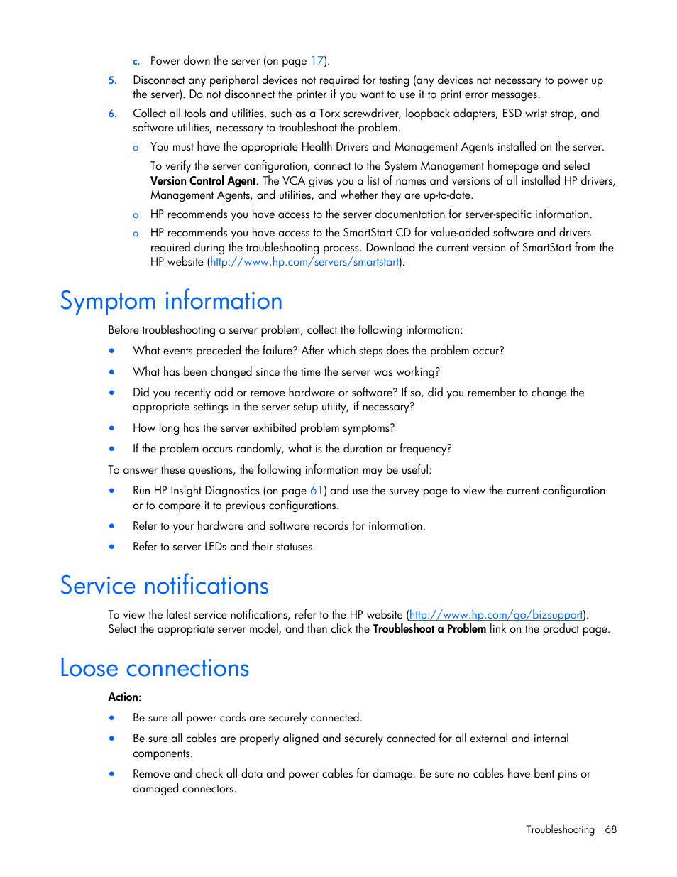 Symptom information, Service notifications, Loose connections | HP ProLiant DL320 G5 Server User Manual | Page 68 / 105