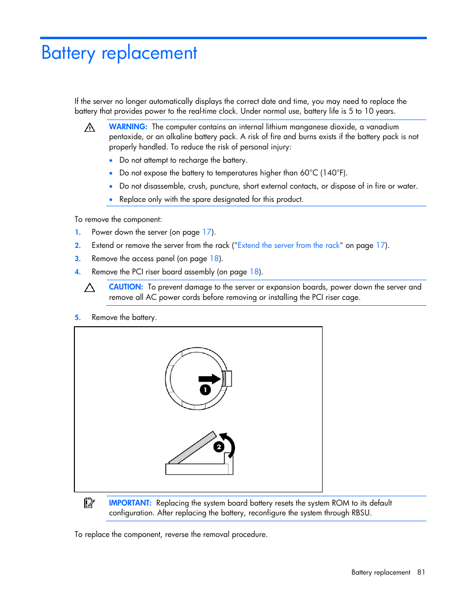 Battery replacement | HP ProLiant DL320 G5 Server User Manual | Page 81 / 105
