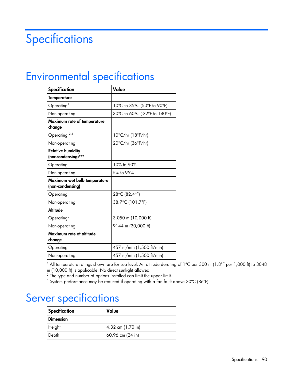 Specifications, Environmental specifications, Server specifications | HP ProLiant DL320 G5 Server User Manual | Page 90 / 105