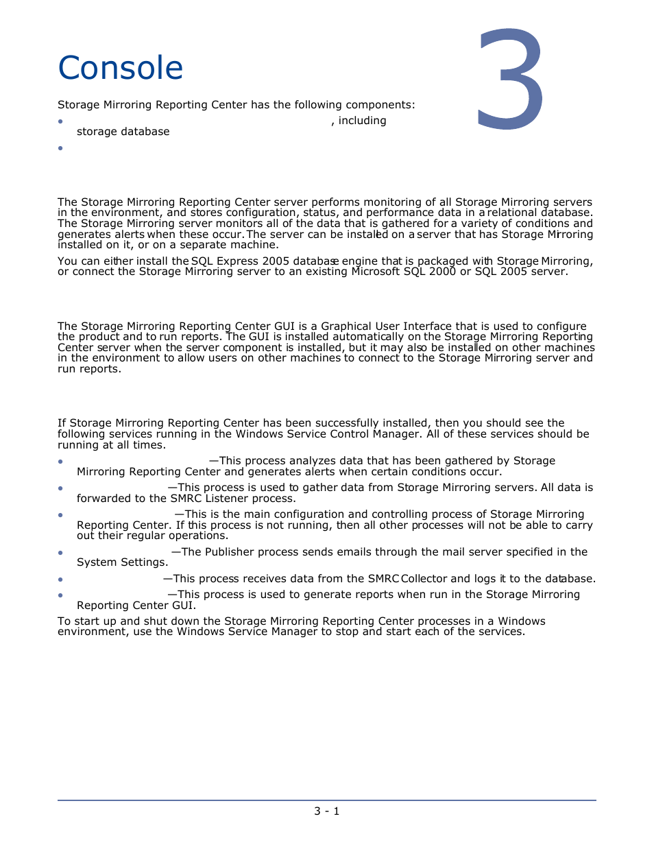Console, Storage mirroring reporting center server, Storage mirroring reporting center gui | Storage mirroring reporting center services, Chapter 3 console -1 | HP Storage Mirroring Software User Manual | Page 10 / 63