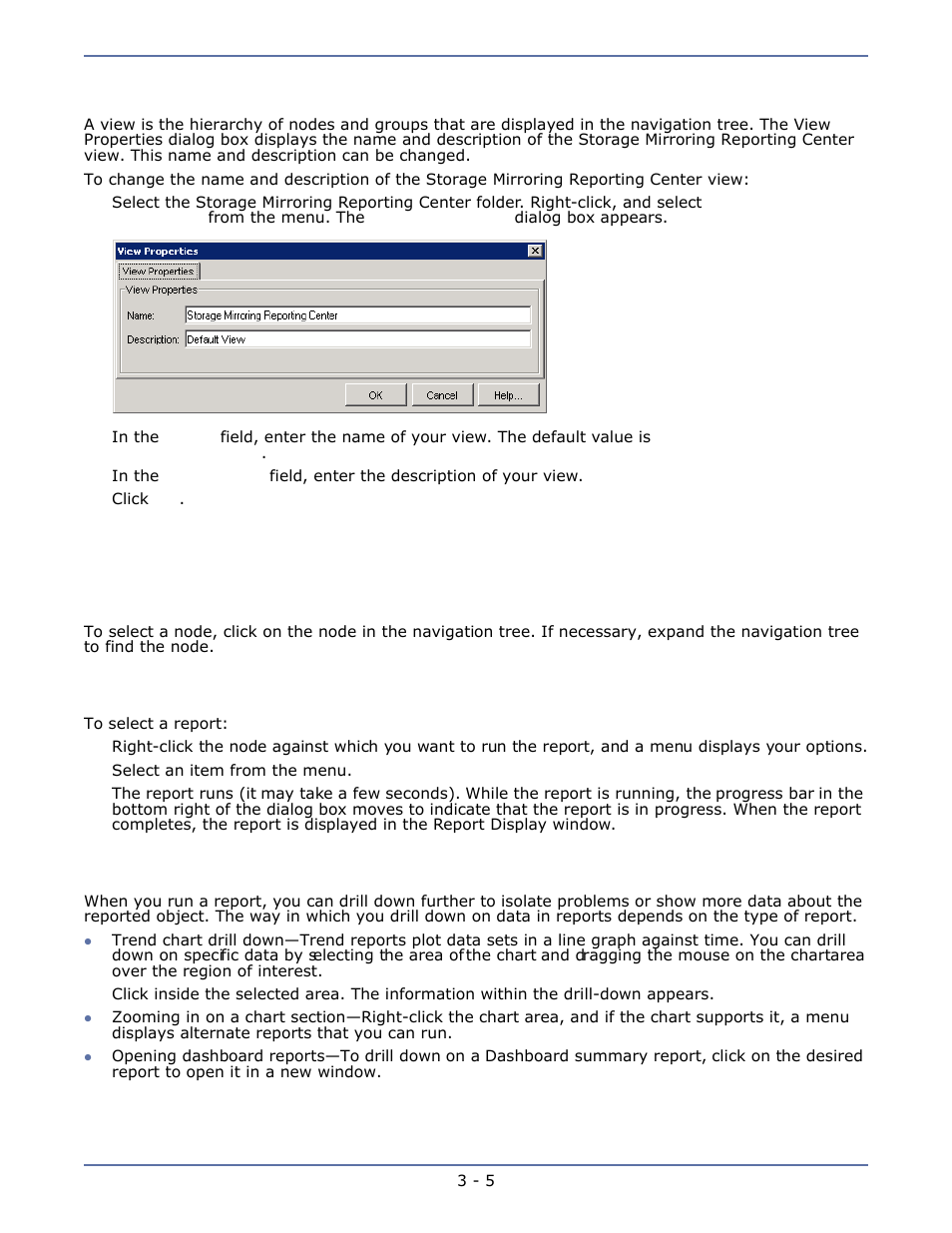 Configuring views, Navigating the console, Selecting a node | Selecting a report, Drilling down, Configuring views -5 navigating the console -5, Selecting a node -5, Selecting a report -5, Drilling down -5 | HP Storage Mirroring Software User Manual | Page 14 / 63