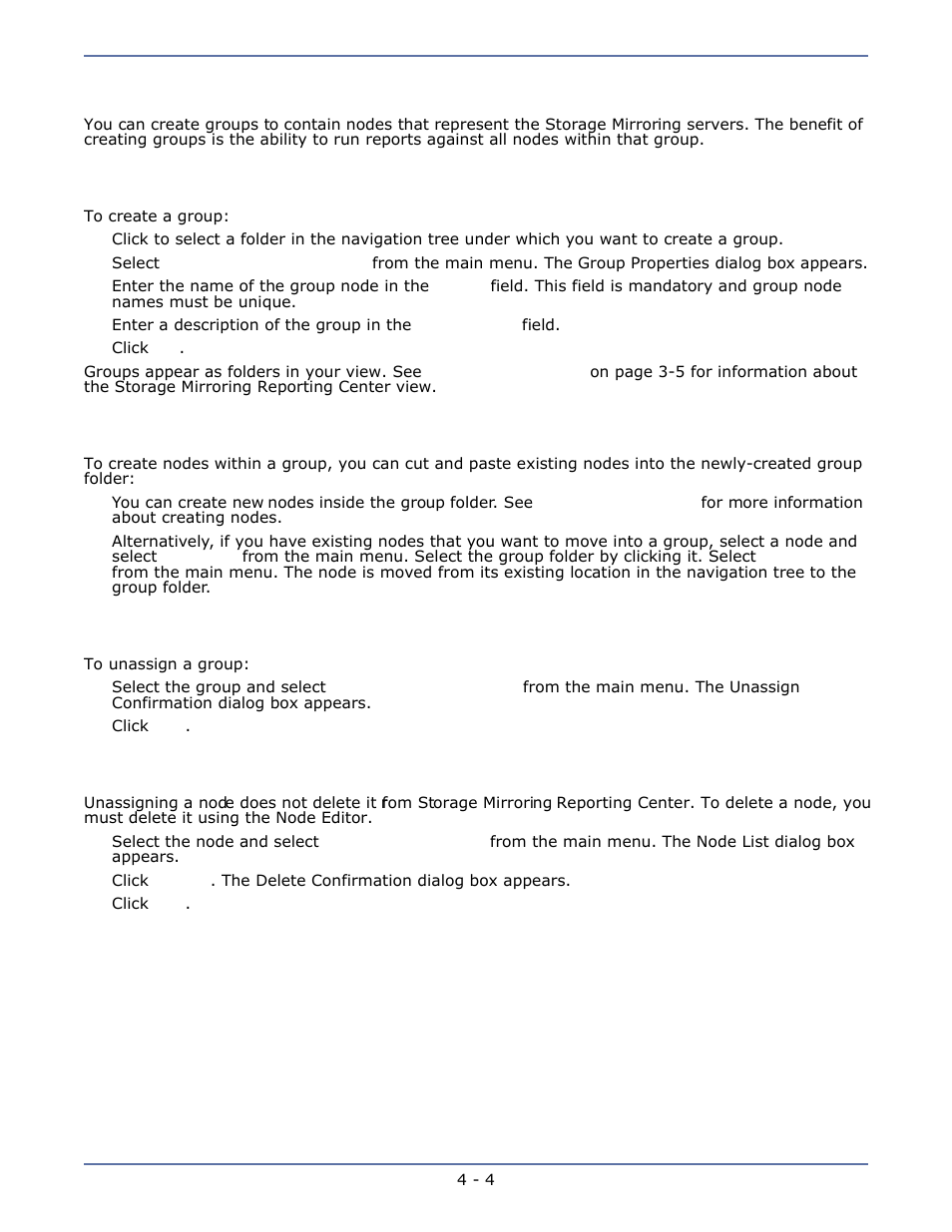Unassigning a group, Deleting a group, Unassigning a group -4 | Deleting a group -4, Configuring groups, Creating a group, Creating nodes within a group | HP Storage Mirroring Software User Manual | Page 19 / 63