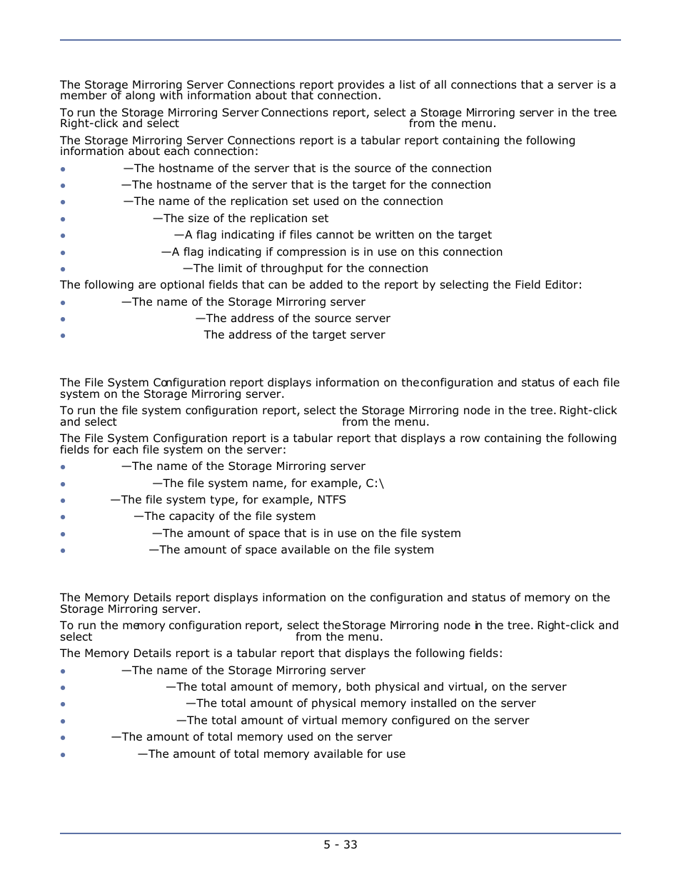 Storage mirroring server connections, File system details, Memory details | Memory details -33 | HP Storage Mirroring Software User Manual | Page 52 / 63