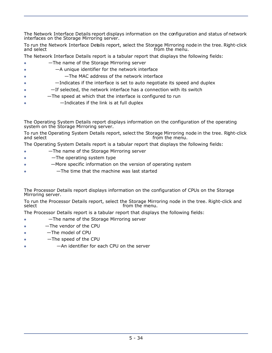 Network interface details, Operating system details, Processor details | Network interface details -34, Operating system details -34, Processor details -34 | HP Storage Mirroring Software User Manual | Page 53 / 63