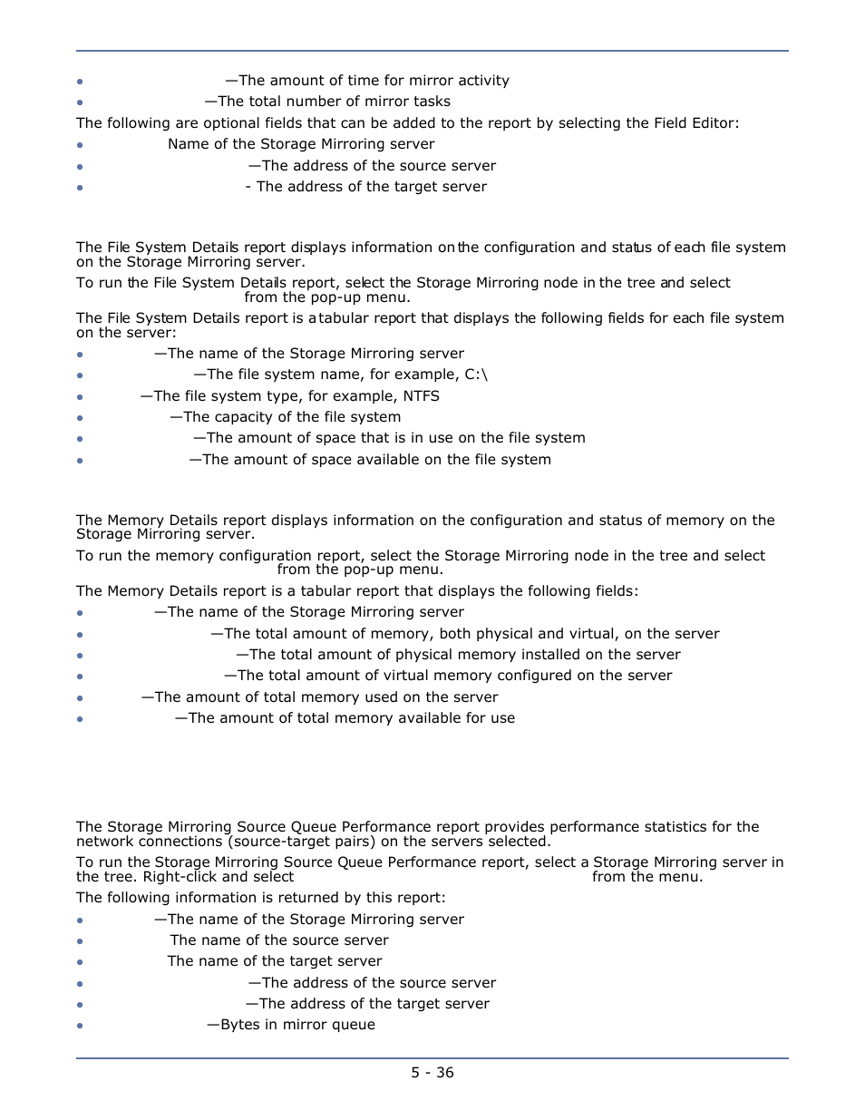 File system details, Memory details, Performance reports | Source queue performance, File system details -36, Memory details -36, Performance reports -36, Source queue performance -36 | HP Storage Mirroring Software User Manual | Page 55 / 63