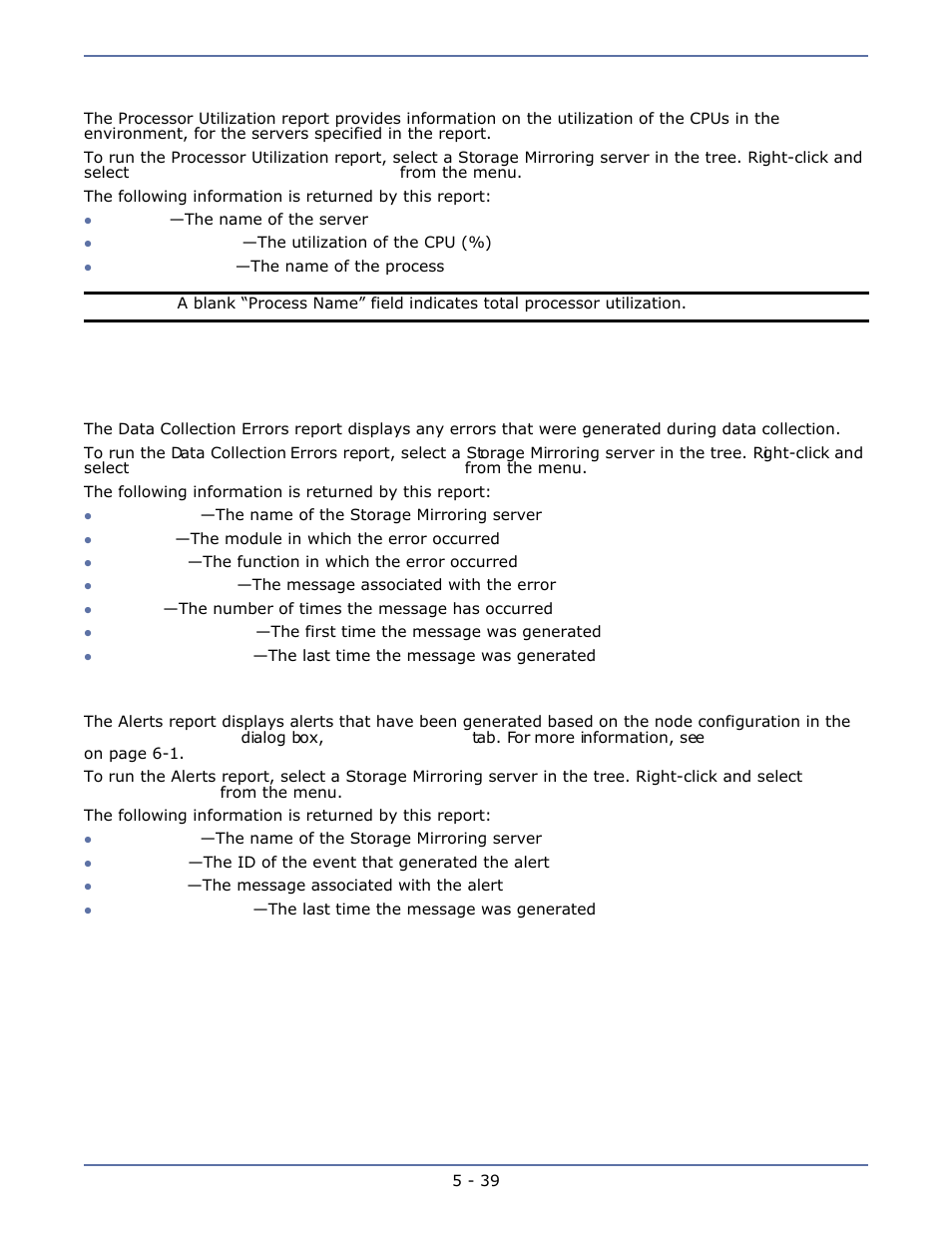 Processor utilization, Smrc reports, Data collection errors | Alerts, Processor utilization -39, Smrc reports -39, Data collection errors -39, Alerts -39 | HP Storage Mirroring Software User Manual | Page 58 / 63