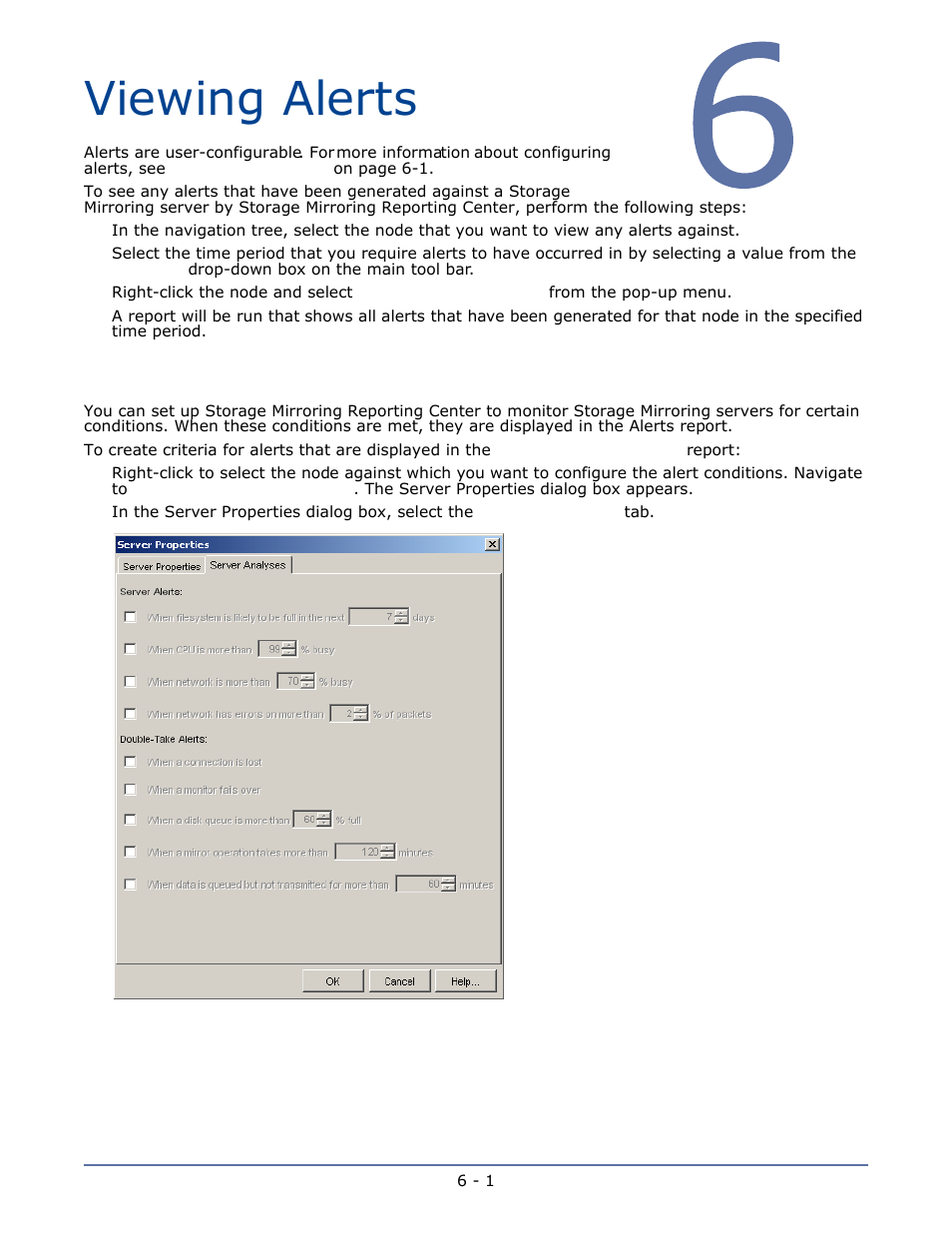 Viewing alerts, Configuring alerts, Chapter 6 viewing alerts -1 | Configuring alerts -1 | HP Storage Mirroring Software User Manual | Page 59 / 63