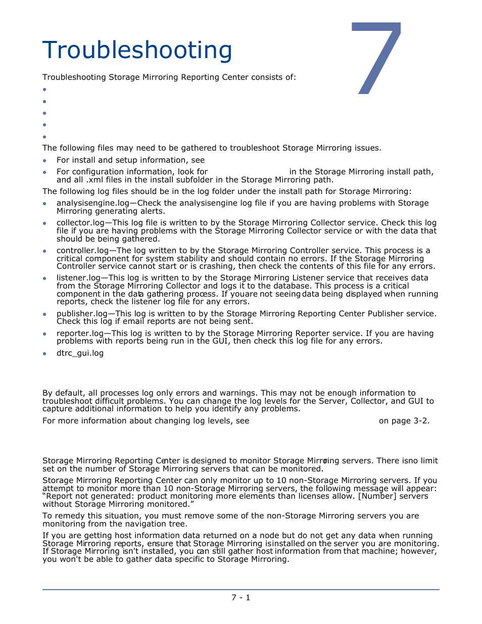 Troubleshooting, Changing log levels, Removing non-storage mirroring nodes | Chapter 7 troubleshooting -1 | HP Storage Mirroring Software User Manual | Page 61 / 63