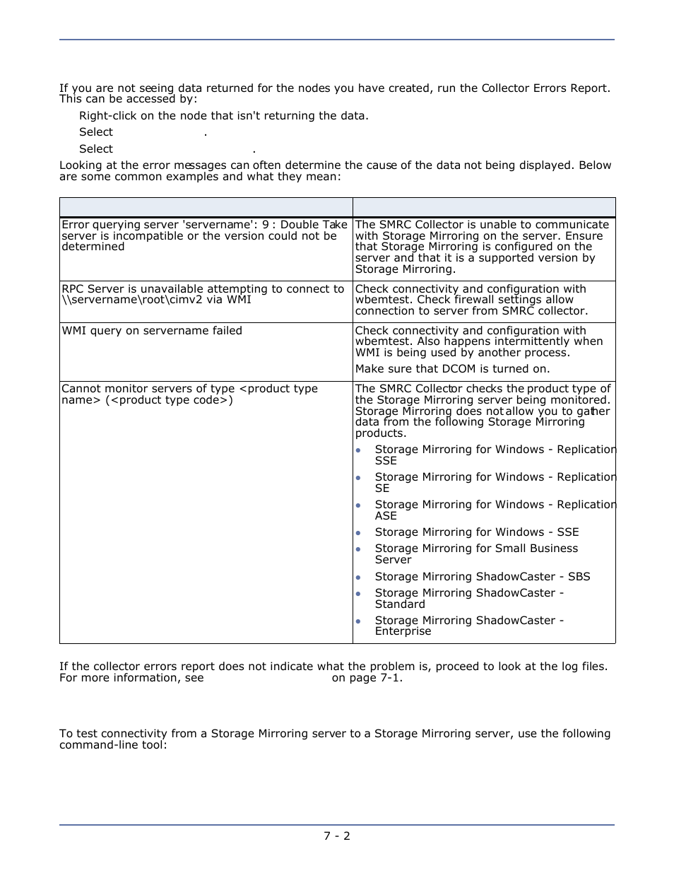 Viewing collector reports, Verifying storage mirroring server connectivity | HP Storage Mirroring Software User Manual | Page 62 / 63