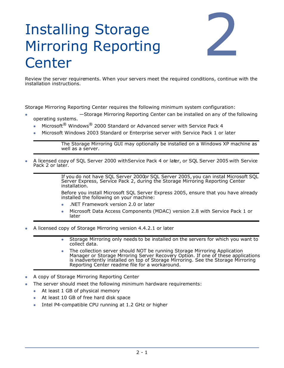 Installing storage mirroring reporting center, Requirements, Requirements -1 | HP Storage Mirroring Software User Manual | Page 7 / 63