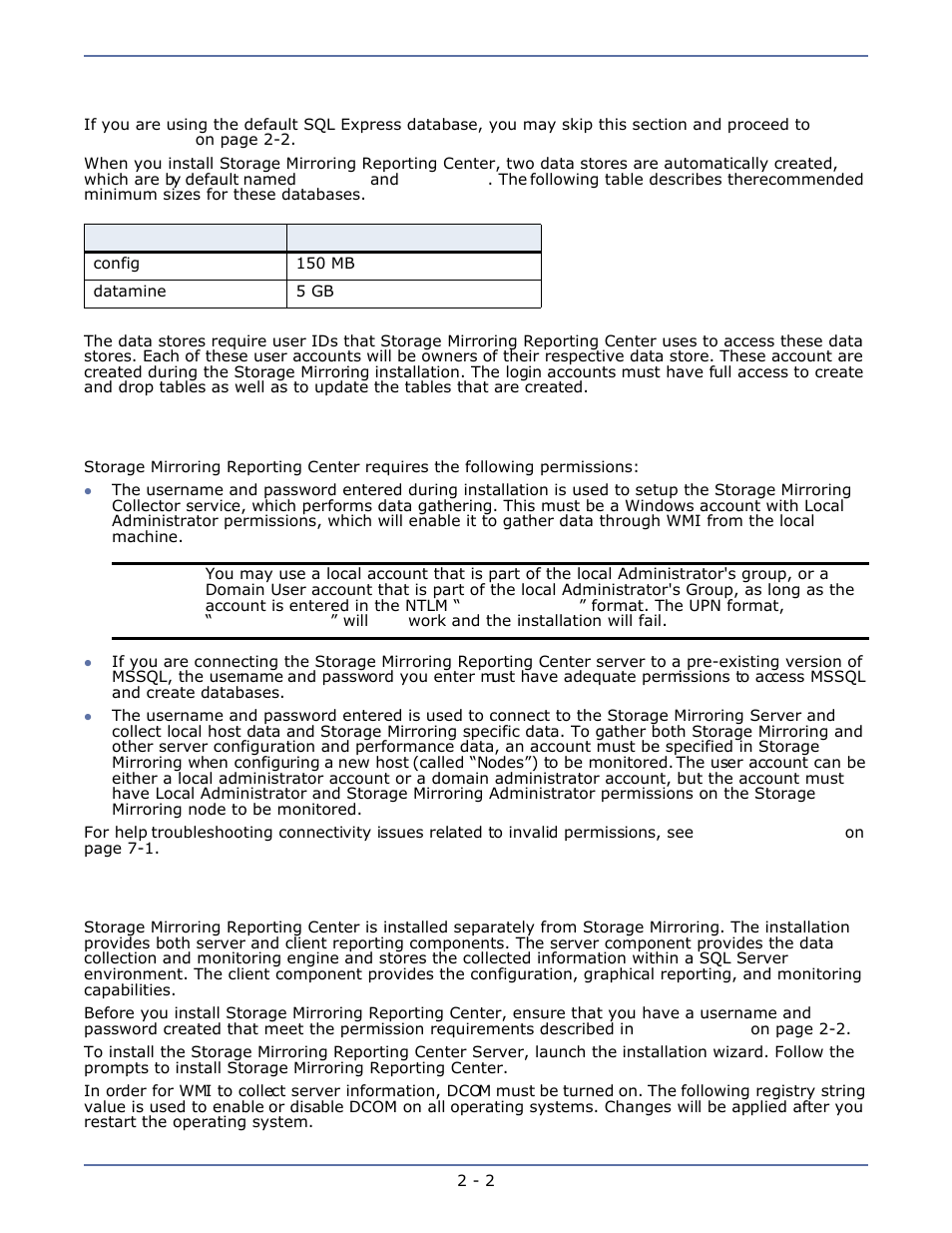 Configuring the sql database, Permissions, Installing storage mirroring reporting center | HP Storage Mirroring Software User Manual | Page 8 / 63