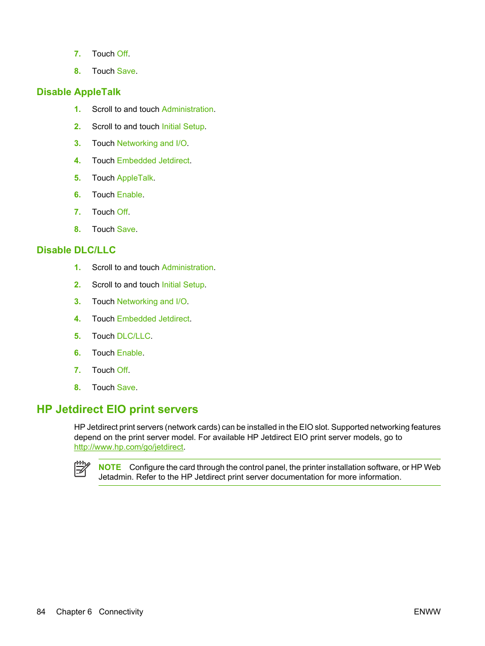 Disable appletalk, Disable dlc/llc, Hp jetdirect eio print servers | Disable appletalk disable dlc/llc | HP Color LaserJet CM4730 Multifunction Printer series User Manual | Page 100 / 370