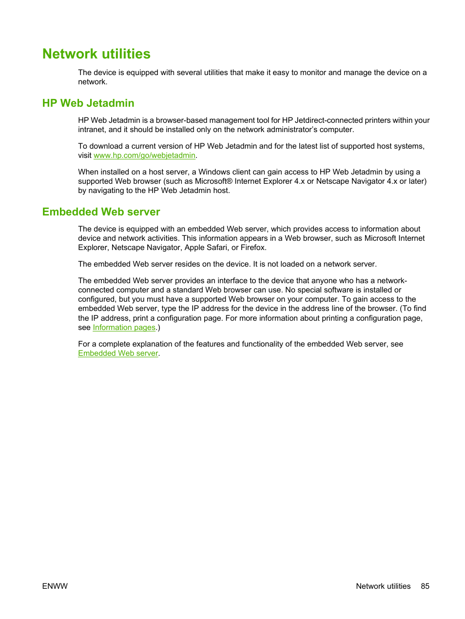 Network utilities, Hp web jetadmin, Embedded web server | Hp web jetadmin embedded web server | HP Color LaserJet CM4730 Multifunction Printer series User Manual | Page 101 / 370